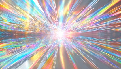 Poster - iridescent light burst explosion with prism-like spectrum rays in motion, abstract radiant holographic energy pattern

