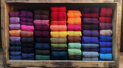 Poster - A vibrant display of neatly arranged colorful yarn skeins in a wooden crate, showcasing a variety of hues for crafting and textile projects