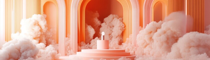 Poster - Product stand in peach arched hallway filled with cotton clouds