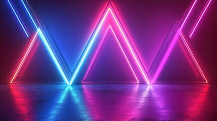 Wall Mural - Abstract neon triangles illuminate a reflective surface with vibrant colors