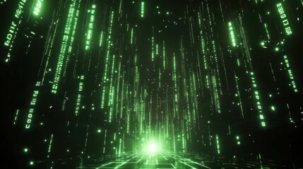 Poster - Digital rain descends onto illuminated grid platform in green