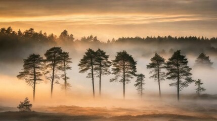 Poster - Trees stand tall amidst a mystical fog at sunrise