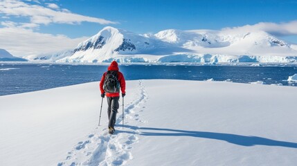 Canvas Print - A hiker walks through an antarctic landscape covered in snow