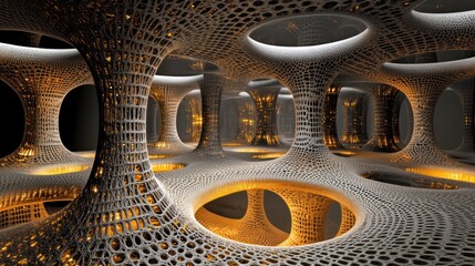 Poster - Futuristic architecture featuring interconnected structures with glowing orange light