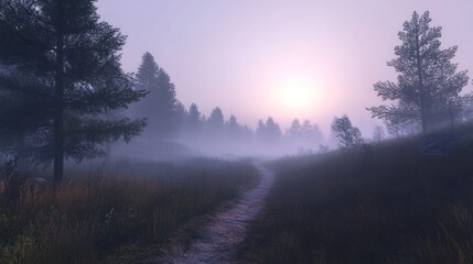 Aufkleber - Fog shrouds a path through trees and tall grass