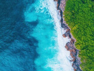Poster - Aerial view of the ocean with rocky coastline and waves crashing on the shore during daylight