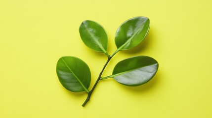 Poster - A sprig of green leaves on a vibrant yellow background