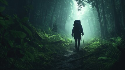 Poster - Hiker with backpack walking through a dense and foggy forest