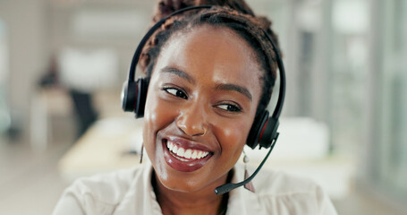 Aufkleber - Call center, consultant and black woman for customer support, online service and help desk video pov. Crm business advice, contact us and happy female worker with headset for telemarketing smile