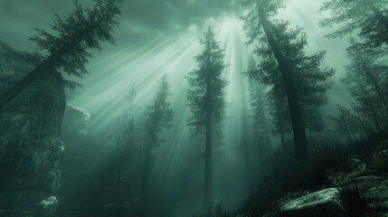 Aufkleber - Sunlight streams through misty forest canopy illuminating the landscape