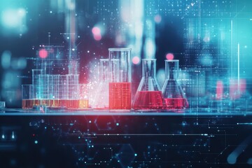 Poster - Science laboratory with glass beaker containing red liquid on a workbench with various equipment