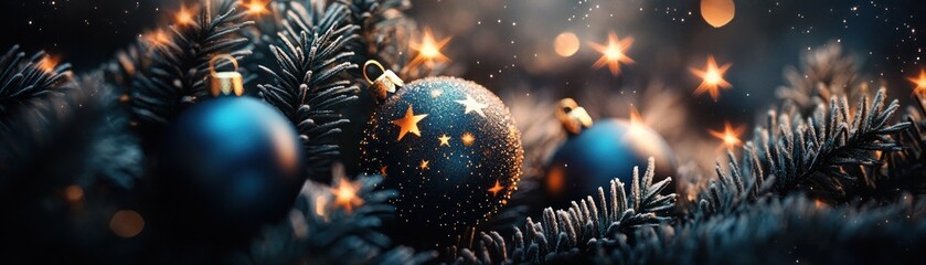Aufkleber - Decorated christmas tree branch adorns with blue star ornaments