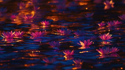 Poster - Pink water lilies float on a dark shimmering water surface