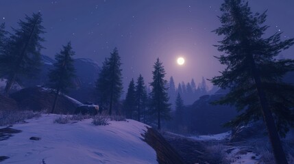 Canvas Print - Snowy mountain landscape illuminated by a bright full moon