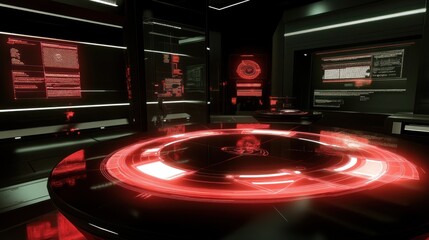 Poster - Futuristic control room with glowing red lights and screens