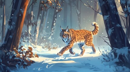 Wall Mural - Lynx confidently strides through snow covered forest environment scene