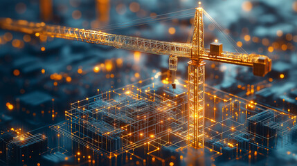 Poster - abstract background with glowing crane and construction site . Generative AI