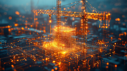 Poster - abstract background with glowing crane and construction site . Generative AI