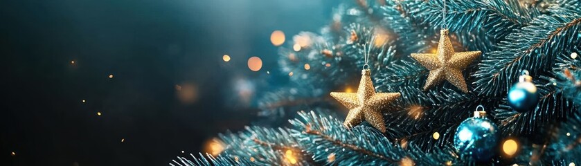 Aufkleber - Festive christmas tree adorned with golden stars and blue ornaments