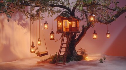 Aufkleber - Enchanting treehouse illuminated by lanterns and accompanied by a swing
