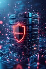 Poster - Digital server tower with security shield glowing