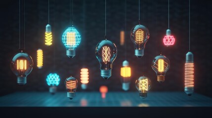 Fototapete - Group of light bulbs hanging from the ceiling in a modern interior setting with warm lighting