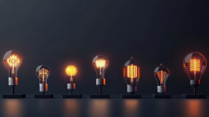 Fototapete - Row of light bulbs with one bulb glowing brightly in a dark setting