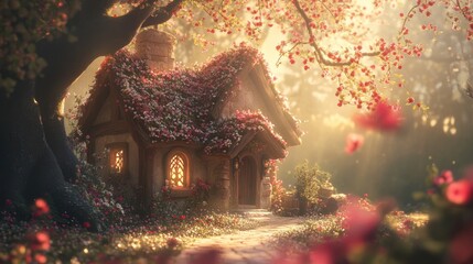 Poster - Cottage covered in blooming flowers surrounded by peaceful nature
