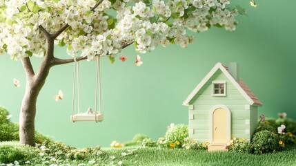 Poster - Miniature house under a blooming tree with a swing