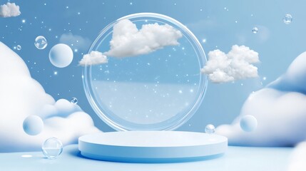 Wall Mural - abstract blue background with podium and white clouds