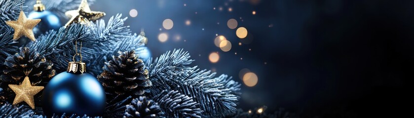 Aufkleber - Blue christmas ornaments on frosted pine branches with bokeh lights