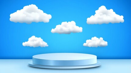 Wall Mural - abstract blue background with podium and white clouds