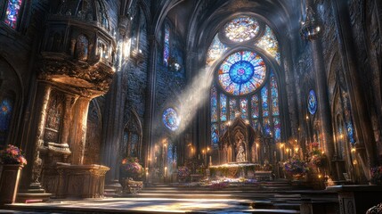 Poster - Interior shot of a cathedral with stained glass windows