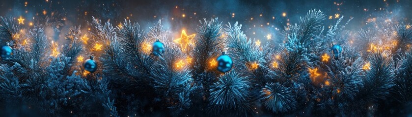 Poster - Christmas tree branch adorned with blue ornaments and golden stars