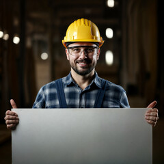 Poster - worker in hard hat holding blank sign . Generative AI