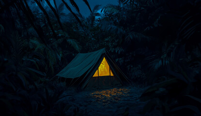 Wall Mural - A cozy tent glows with warm light, nestled in the heart of the dense forest at night.
