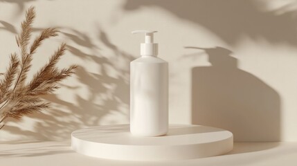 Poster - White plastic bottle with pump sits on a round pedestal