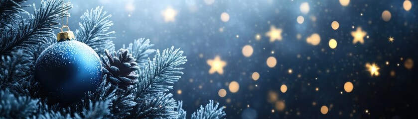 Poster - A frosted christmas ornament hangs on a fir tree branch