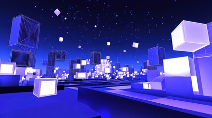 Poster - Futuristic cityscape glows with floating cubes and starry night