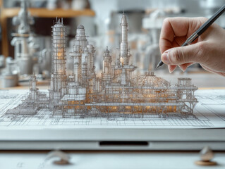 Poster - abstract background 3D architectural drawing of building construction with sketch lines . Generative AI