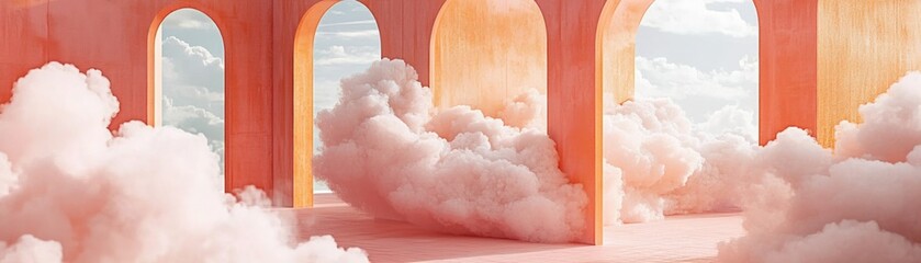 Aufkleber - Archways frame fluffy clouds within an ethereal pink space
