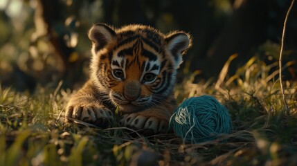 Poster - An adorable tiger cub rests beside a ball of yarn