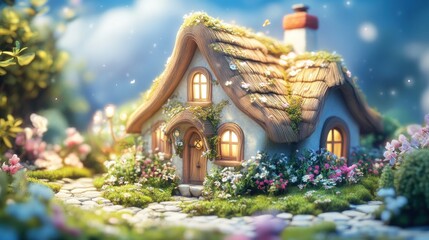 Poster - A charming fairy cottage nestled among vibrant flowers and greenery