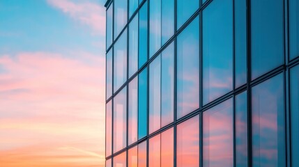 Poster - Modern building facade reflects a beautiful sunset sky