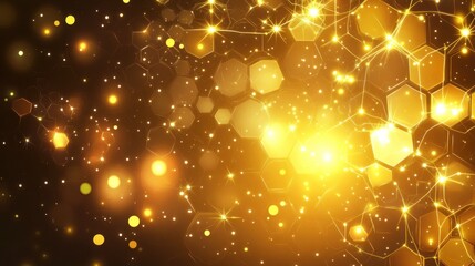 Aufkleber - Golden honeycomb pattern with glowing particles and interconnected network