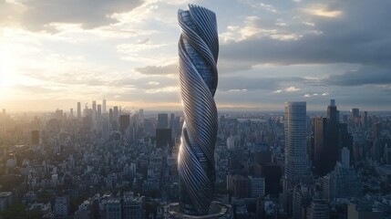 Aufkleber - Twisted skyscraper dominates the skyline at sunrise or sunset