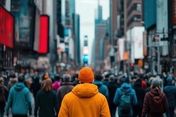 Poster - Person walking down a busy city street surrounded by tall buildings and pedestrians