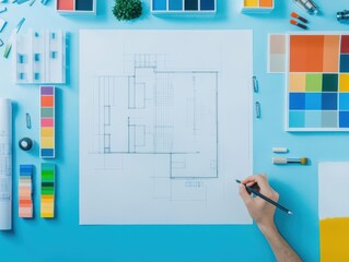 Poster - Person sketching on paper with pencil in brightly lit workspace