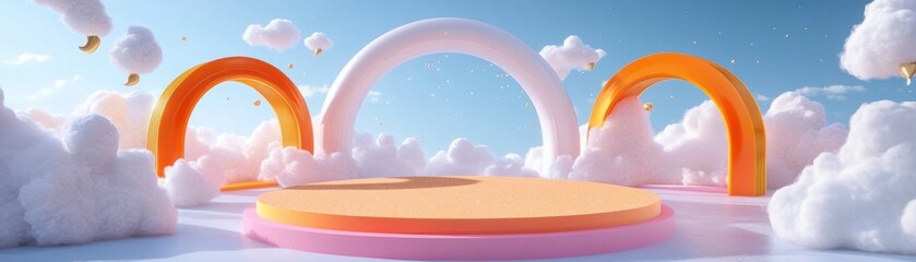 Poster - Dreamy pastel scene with platform arches and fluffy clouds