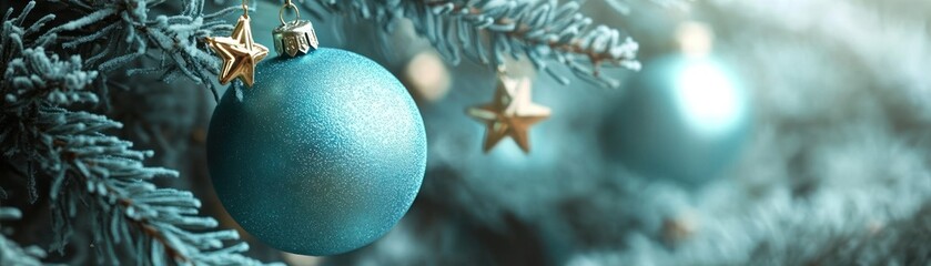 Poster - Christmas ornaments hang on a decorated snowy evergreen tree